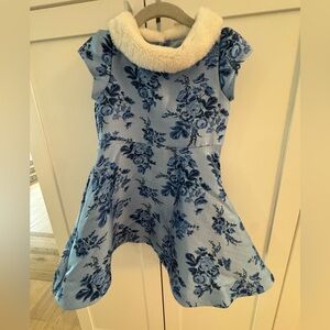 Janie and Jack Blue Floral Dress with White Faux Fur Collar
